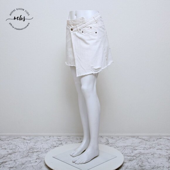 NWT Etophe Studios Asymmetrical Distressed Mini Denim Skirt with Raw Hem - Picture 2 of 13